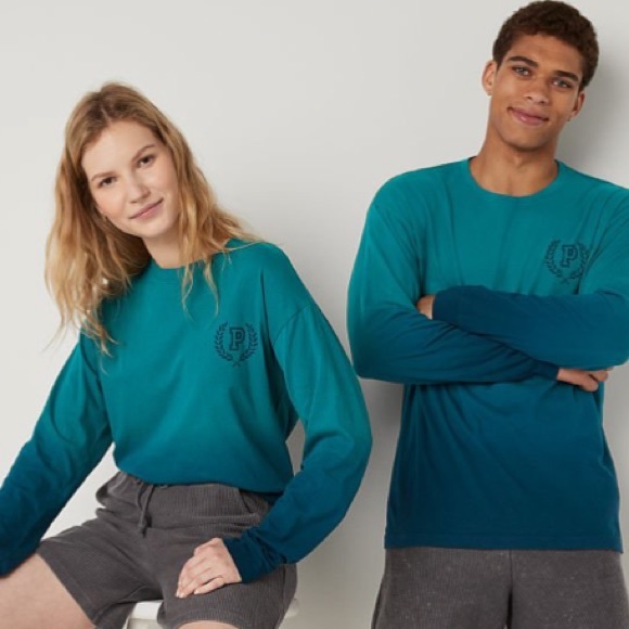 VS VICTORIAS SECRET PINK CAMPUS LONG SLEEVE TEE TOP DEEP LAKE DIP DYE M - Picture 5 of 7